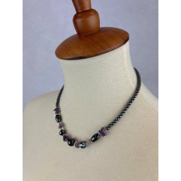 Handmade Hematite Raw Amethyst Beaded Necklace Gold Accents - Picture 3 of 8